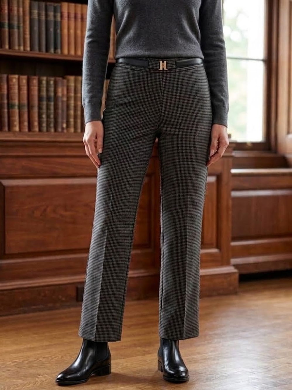 NWT Counterparts Size 6 Black Houndstooth Pull On Stretch Crop Pants Gold Buckle
